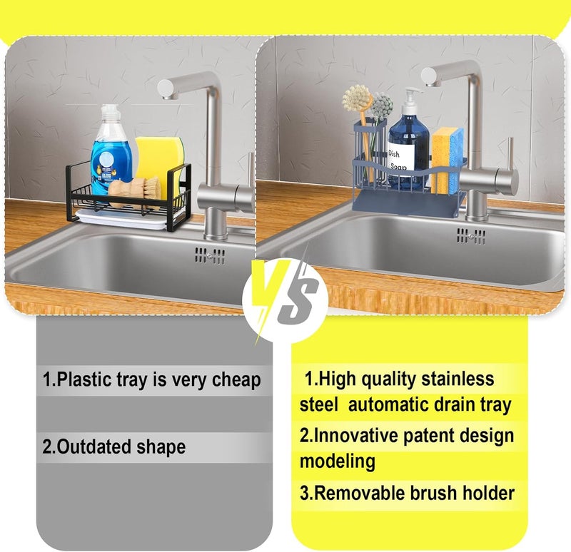 Fssvcd Maifan Sink Caddy Sponge Holder for Kitchen with Brush Holder and Stainless Steel Self Drain Tray, Rustproof Kitchen Sink Organizer for Sponge, Soap Dispenser Storage Accessories Grey Blue - Image 4